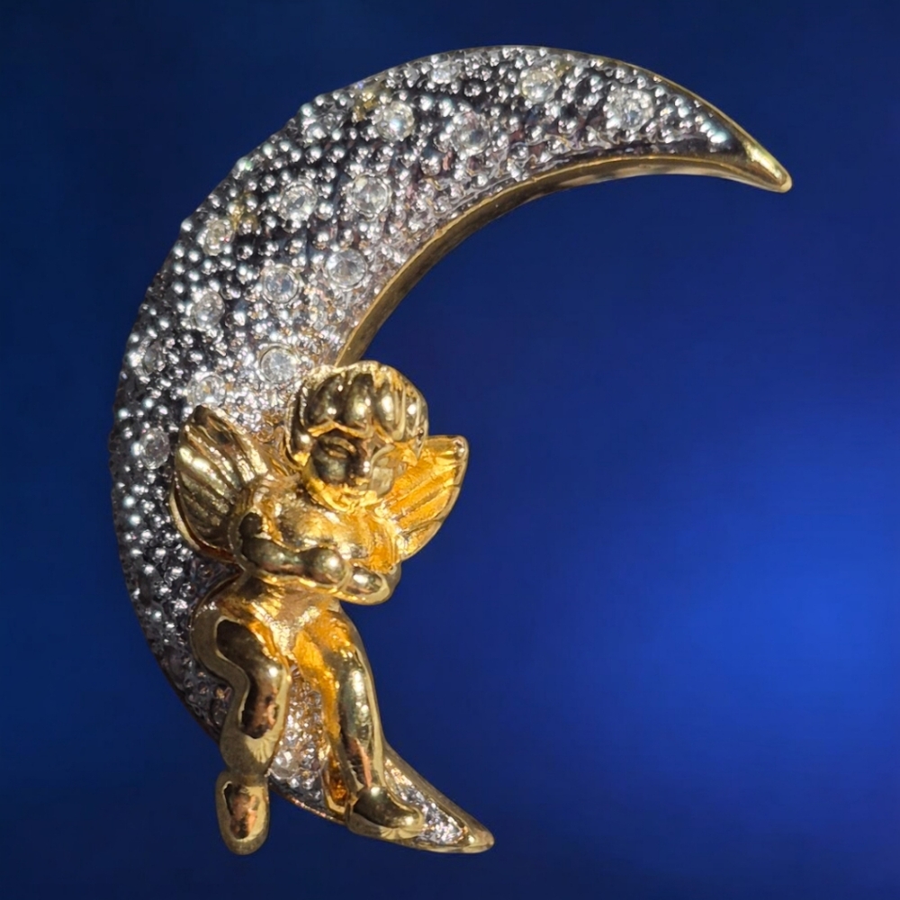 Vintage Joseph Cleary signed JC Angel and Crescent Moon Brooch Pendant Pin